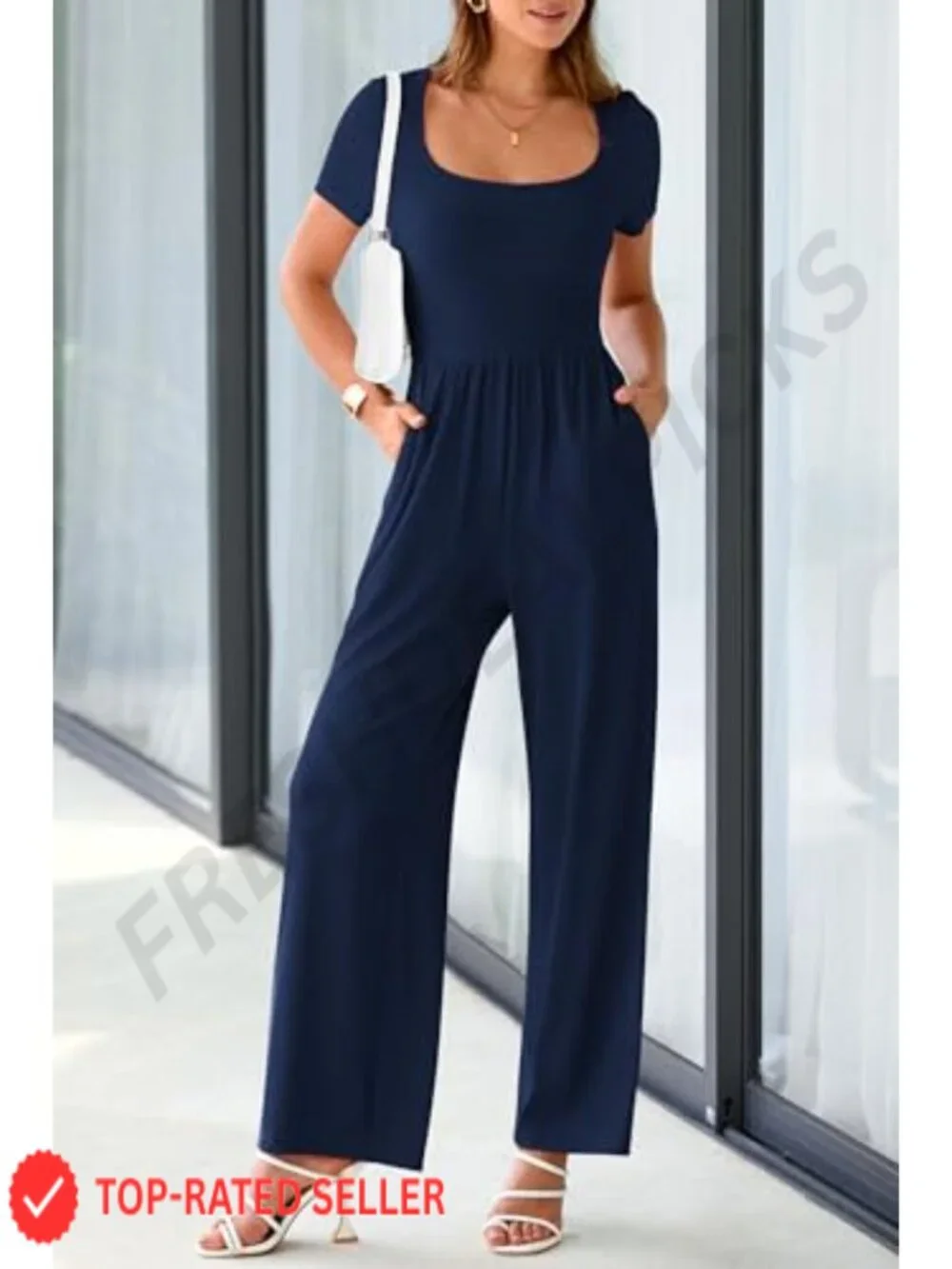 Womens Ribbed Knit Short Sleeve Square Neck Wide Leg Jumpsuit Romper with